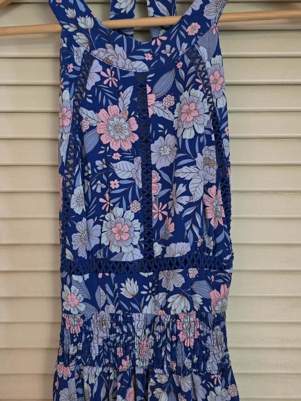 Blue Floral Maxi Dress with Pink Accents